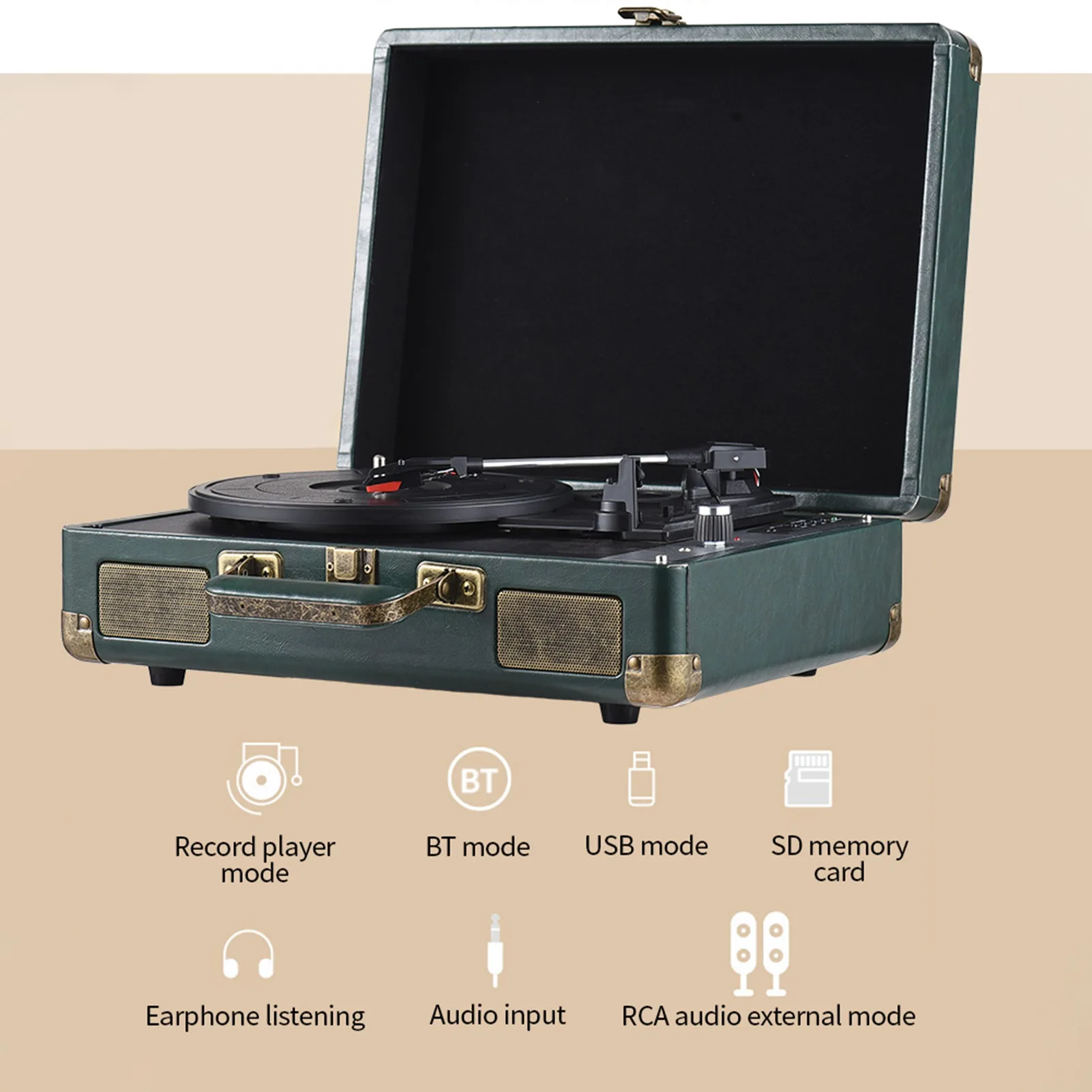 Vintage  Record Player BT Phonograph USB Recording 33/45/78RPM Support for 7/10/12inch  Records Turntable Portable Record Player