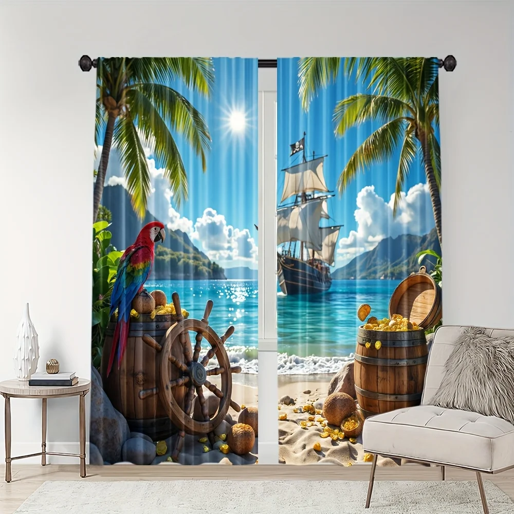 2pc tropical pirate beach window curtain with parrot ship treasure barrel and palm trees for living room decor adventurous style