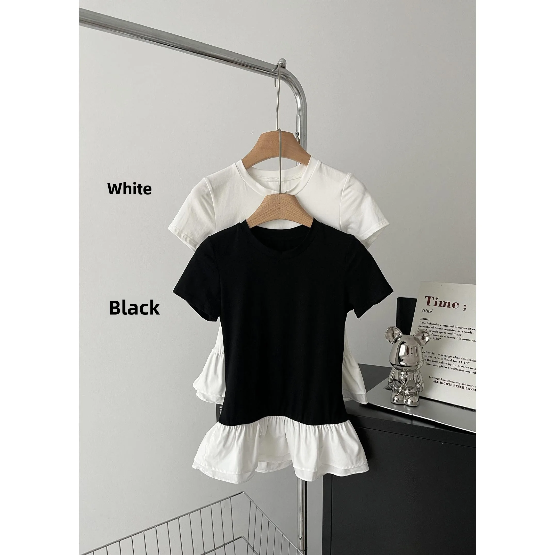 ふわふわフリルショートスリーブTシャツ レディース スリムフィット 韓国風 夏新作デザインセンス スプライスコットン エラスティックファイバートップ 1