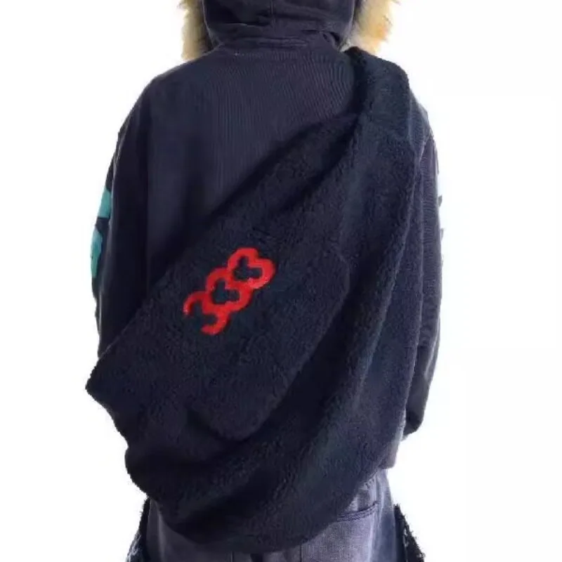 2026 New Fleece Sling Crossbody Chest Bag Embroidered Multi‑Pocket Zipper Casual Streetwear Travel Shoulder Daypack Pink Black