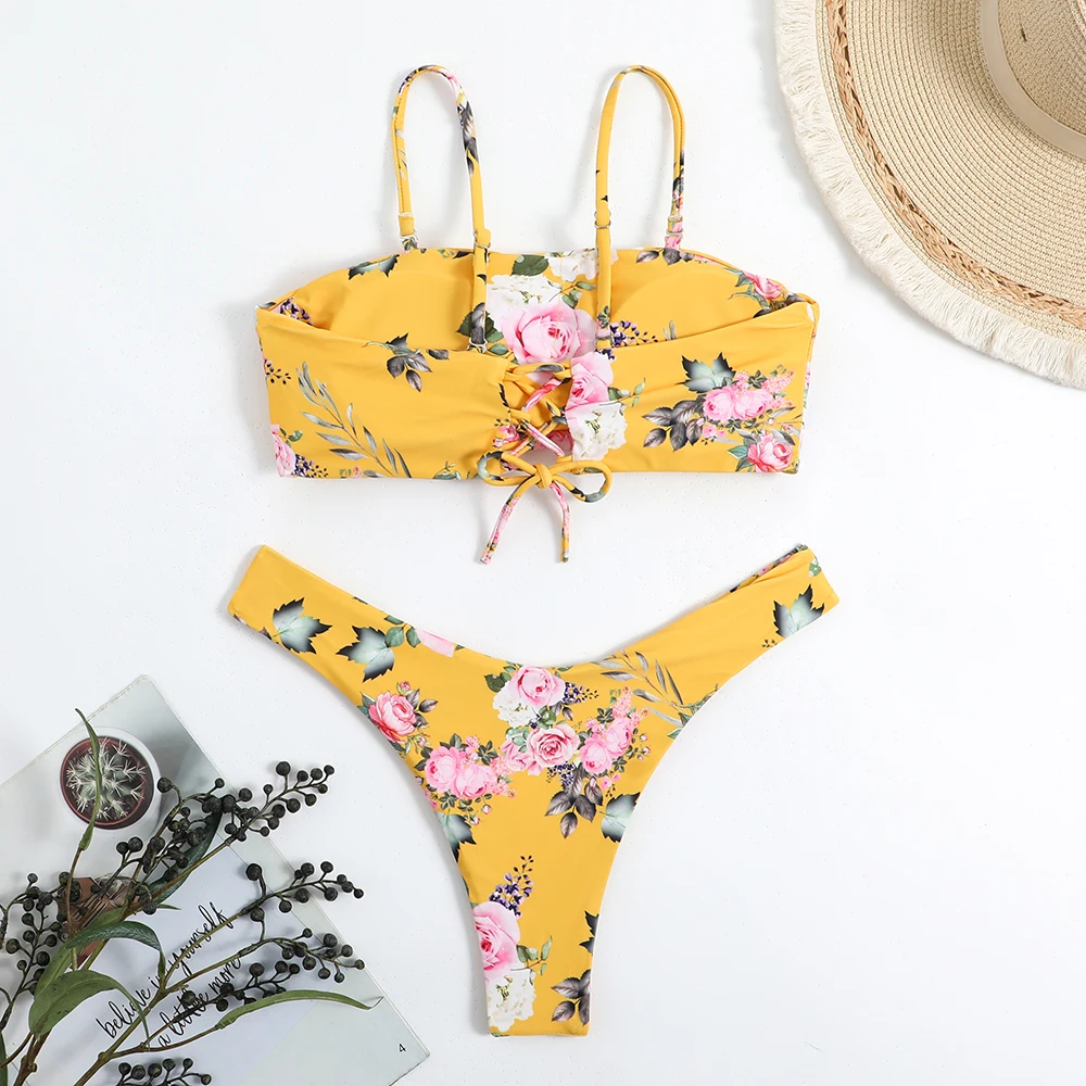 2024 Floral Two Piece Thong Bikini Set String Women Swimwear Female Swimsuit Bathers Bathing Swimming Suit Beachwear Summer