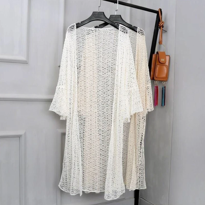 Women Summer Flare Sleeve Long Kimono Cardigan Boho Hollow Out Crochet Sheer Lace Swimsuit Cover Up Side Split Open Front Beach