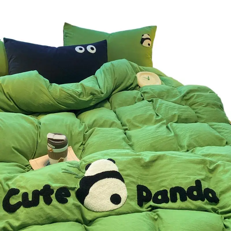Bedding four-piece set washed cotton towel embroidered bed sheet hat quilt cover 4 bed three-piece set student dormitory