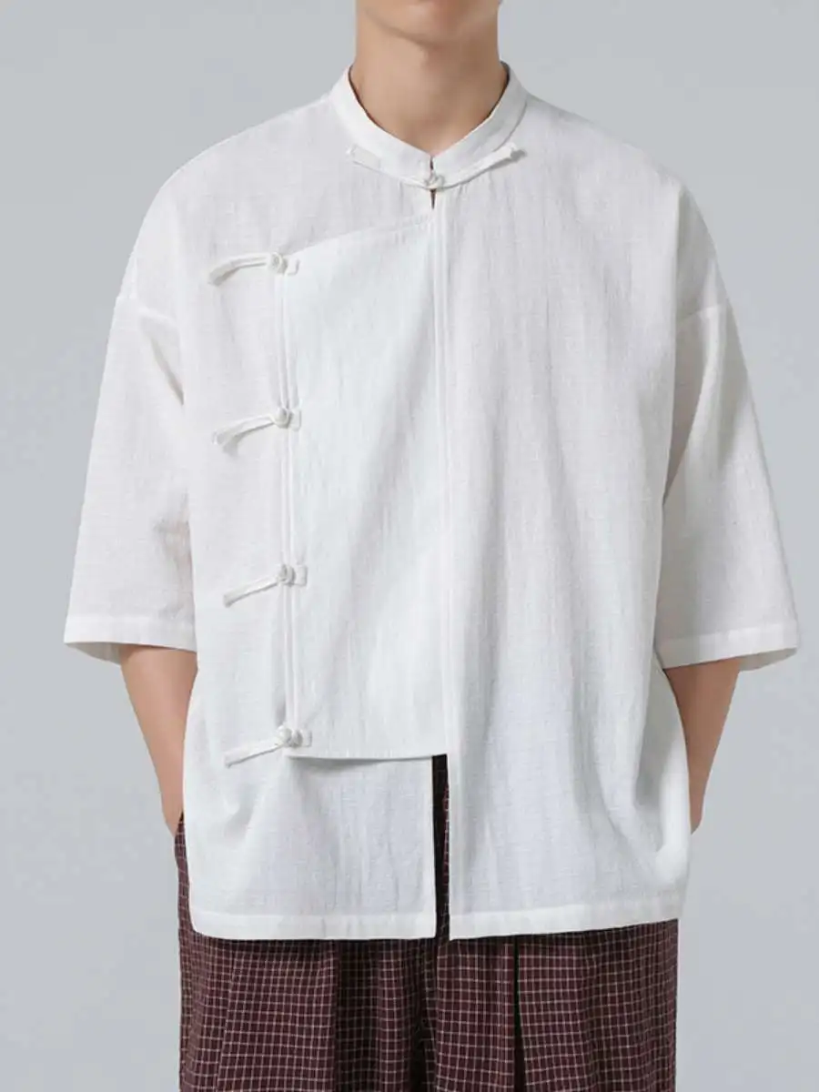 

New Summer Men's Cotton Linen Shirt with Button Design Stand Collar Tai Chi Style Tang Costume Han Menswear Short Sleeve Pure...