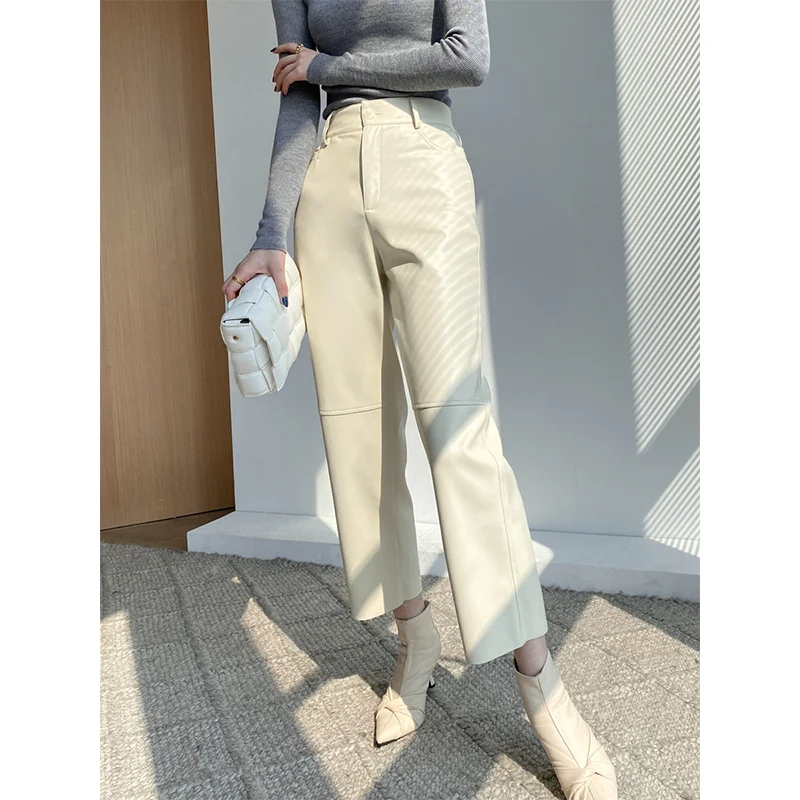 

High Waist eepskin Leather Pants Women's Straight Leg Soft Casual Trousers Commute Sle Faionable Slimming Effect