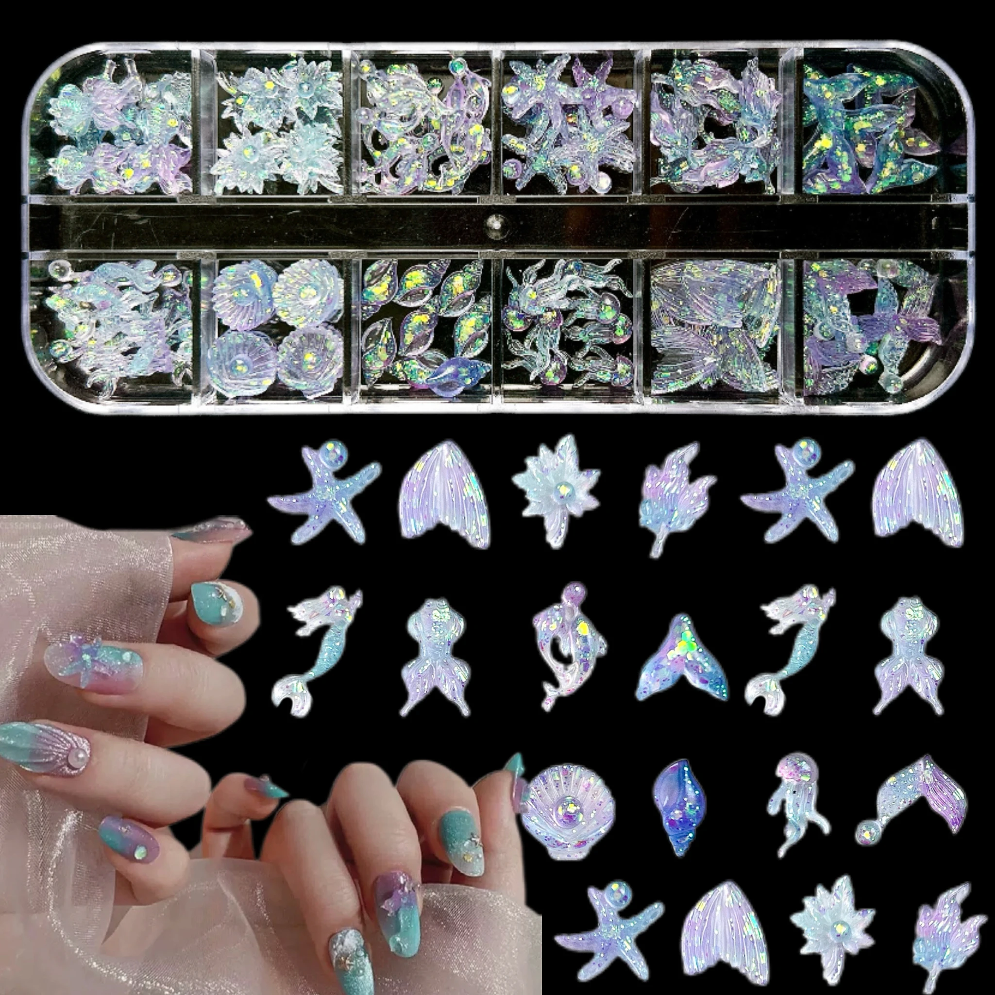 1 caja de dibujos animados 3D, bonita abeja, libélula, Margarita dulce, decoraciones artísticas para uñas de resina, lazo colorido, corazón, estrella de mar, encaje, dijes para uñas DIY