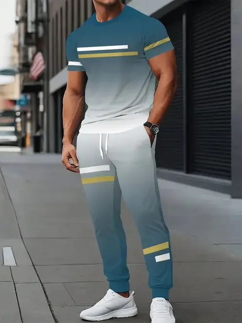 2025 Summer Mens Short Sleeve  Long Pants Set  Casual Fashion Minimalist Trendy 3D Printed T Shirt Outfit