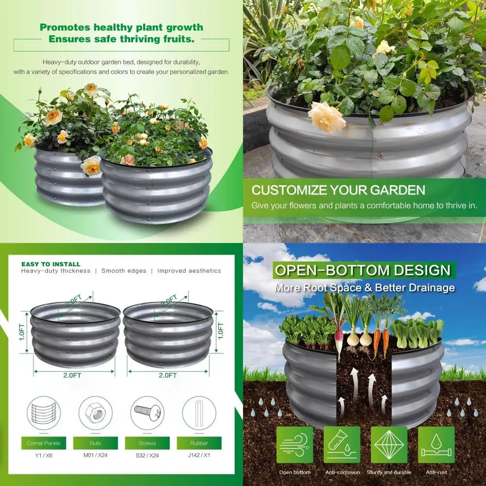 

2 упаковки оцинкованных круглых садовых кроватей размером 2x2x1 футов, простые в сборке уличные кашпо для овощей, фруктов, цветов, трав,