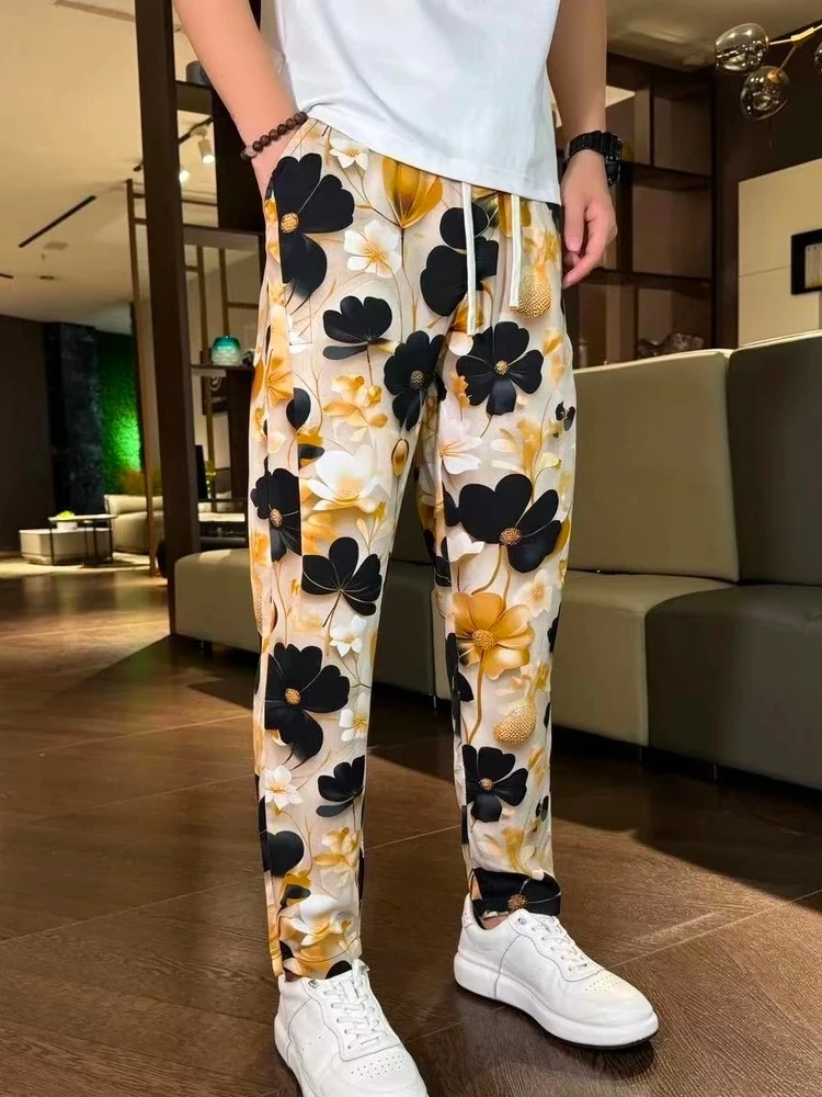 Lightweight Ice Silk Men's Casual Pants Summer Straight Leg Tied Dye Floral Patterned Loose Fit Anti-Bacterial Business Casual