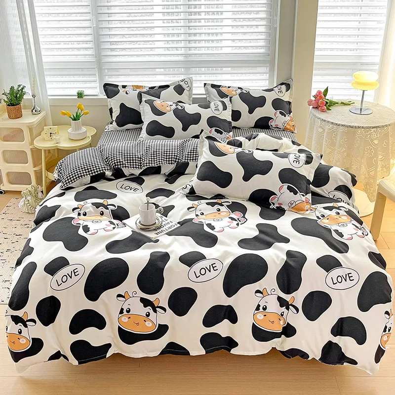 Cartoon Cow Print Duvet Cover Black White Comforter Covers Milk Cow Animal Bedding Reversible Plaid Teen Boys Girls Room Decor