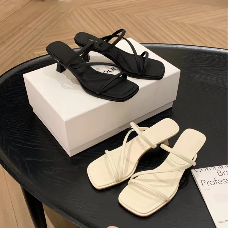 

2024 New Summer French Fine Belt Fairy Style Square Head Slim High Heel Sandals Slippers for Women's Outwear Fashion Slippers