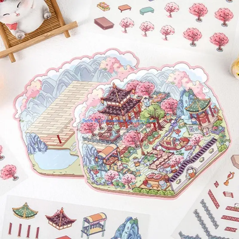 

Chinese Landscape Sticker Hand Account Labels Cats Decorative Sticker Funny Scene Sticker Aesthetic Sticker