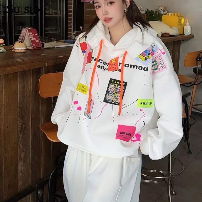 

Korean Fashion Cartoon Print Oversized Hoodies Pant Sets Woman 2 Pieces 2025 Autumn Casual Sweatershirt&Sweaterpants Tracksuit