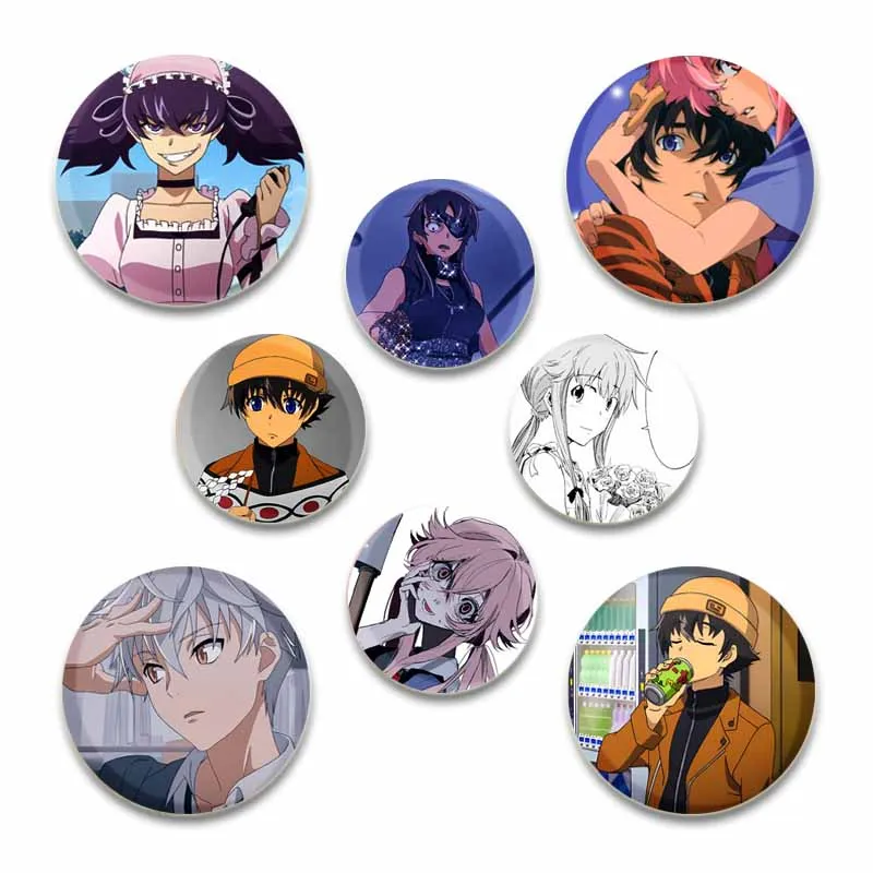 Future Diary Anime Character Round Pin Cartoon Brooch Badge Snap-in Button Pins for Clothes Decoration Jewelry Accessories Gifts
