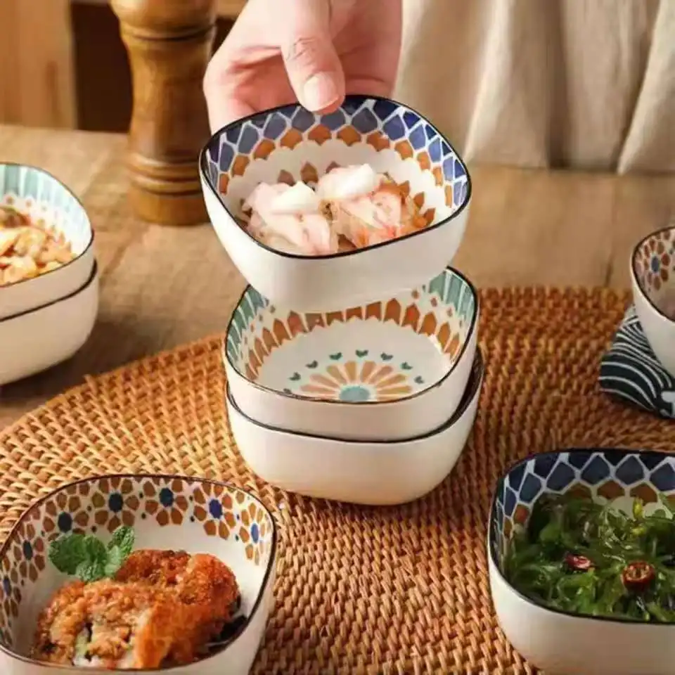 6pcs Japanese Ceramic Square Sauce Plates Underglaze Sushi Dishes Sauce Mustard Bowls Appetizer Plates