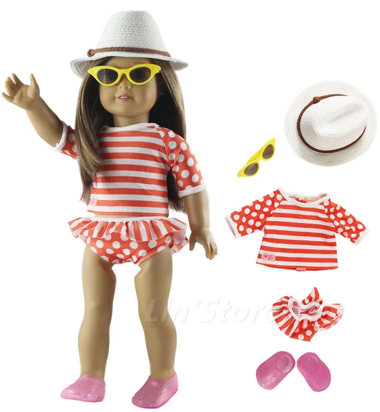 6 Pcs Set Doll Clothes Swimming suit+glasses+hat+umbrella+shoes for 18'' inch American Doll Clothes 43cm or 45 cm