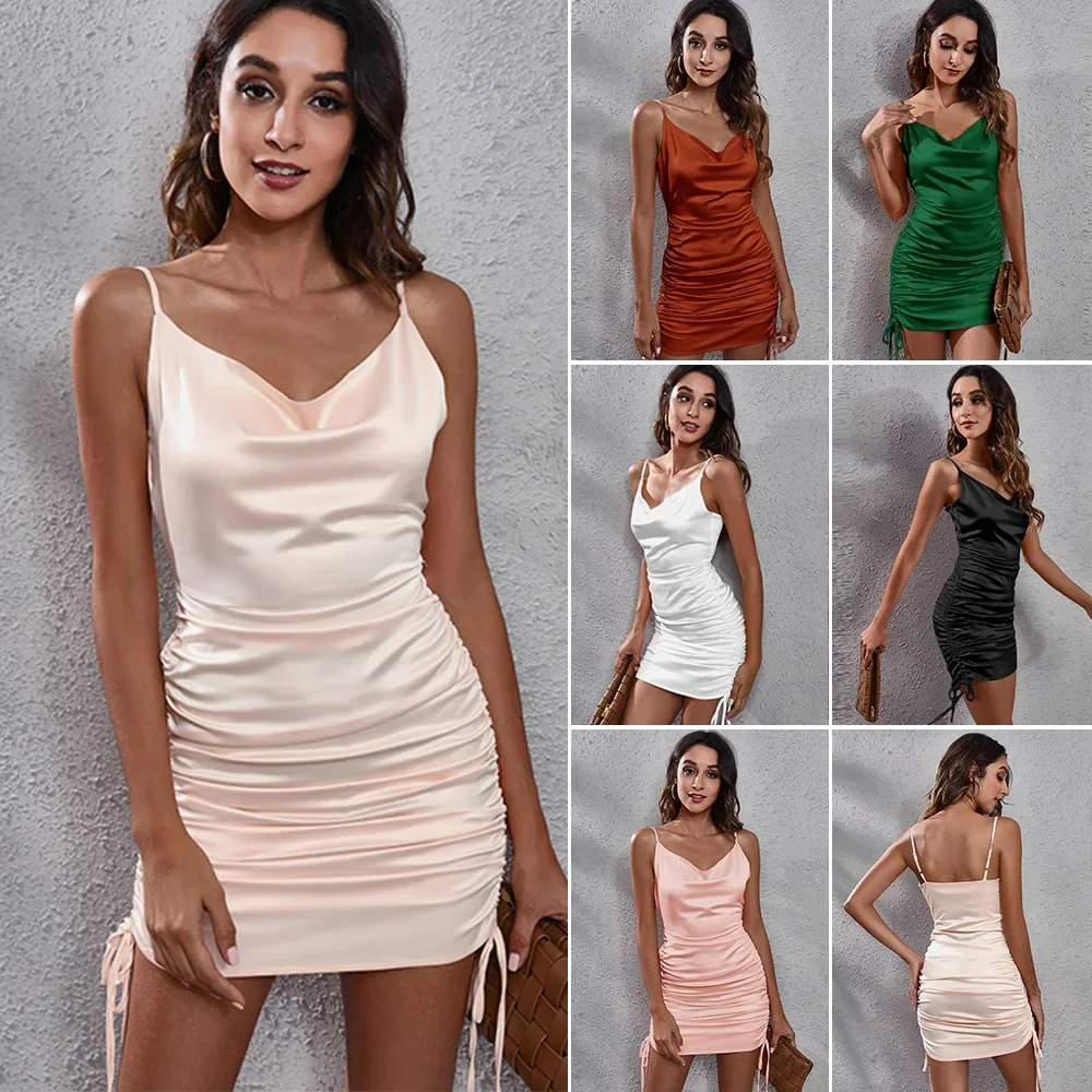 Abito estivo da donna in tinta unita Mini abito avvolgente sexy con coulisse in raso con scollo a V Abito con bretelle in raso smock a un solo passaggio