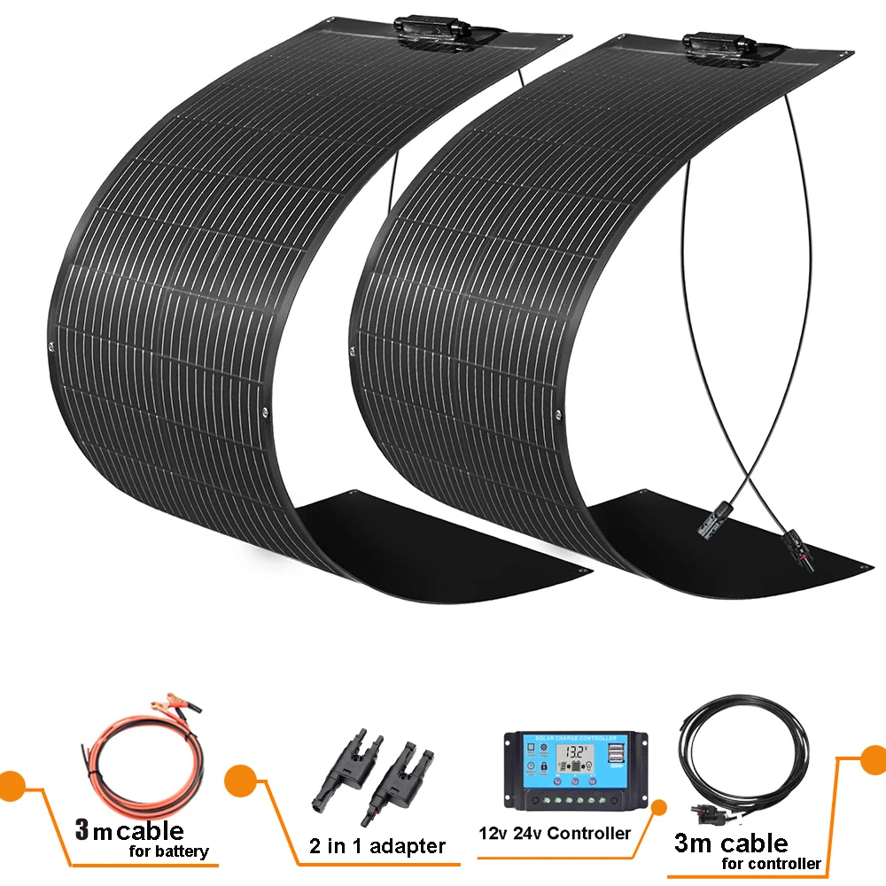 WUZECK Flexible Solar Panel Kit 200W Monocrystalline 2X100W Flexible Solar Module + 20A 12V/24V Solar Charge Controller + Solar Cable Off-Grid System for 12V Batteries Motorhome Houses Balcony Camping