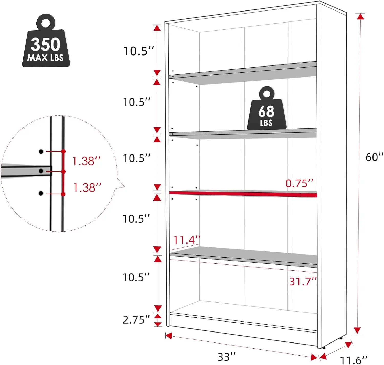 5 Shelf Black Bookcase 60 inch Tall Wood Bookshelf for Bedroom