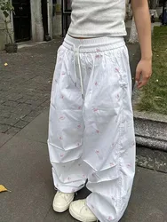 Pantalones holgados con estampado de lazo rosa para mujer, pantalón de chándal informal de cintura alta, pierna ancha, estilo Harajuku, Hip Hop, Y2k