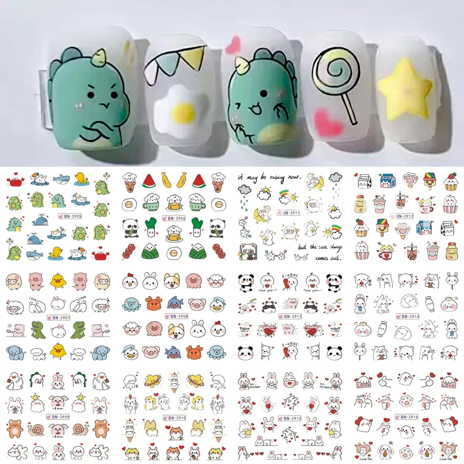 12pcs Kawaii Cat Water Nail Decals Sliders Cute Cartoon Dinosaur Panda Rabbit Lover Design Stickers Accessories Manicure Foils