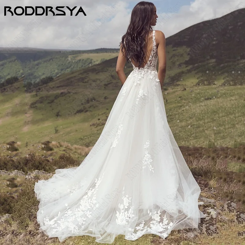 RODRSYA Romantico Backless Tulle Abiti da sposa senza maniche Pizzo Applique robe de mRODDRSYA romantico Backless Tulle abiti da sposa senza maniche in pizzo Applique robe de mariée A Line Boho abiti da sposa su misura