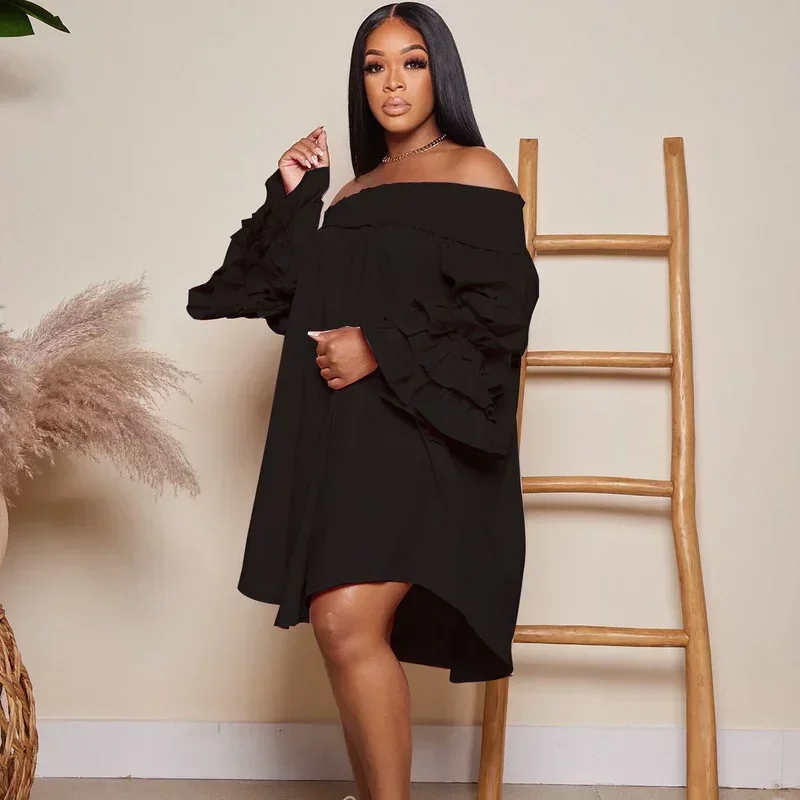 GUWU 오프 숄더 a 라인 섹시한 드레스 여성 우아한 슬래시 넥 프릴 플레어 슬리브 튜닉 셔츠 드레스 루즈 캐주얼 파티 드레스