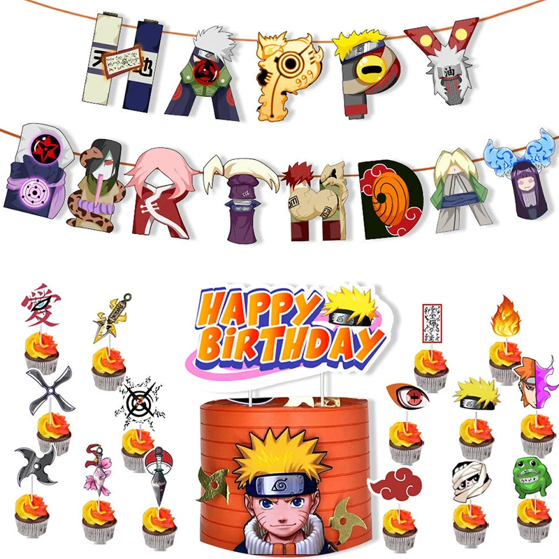 Fiesta temática de NARUTO, accesorio de decoración de Festival de Carnaval, pancartas de cumpleaños, insertos de pastel de globos, figura de Anime 2D, fiesta de Navidad para niños