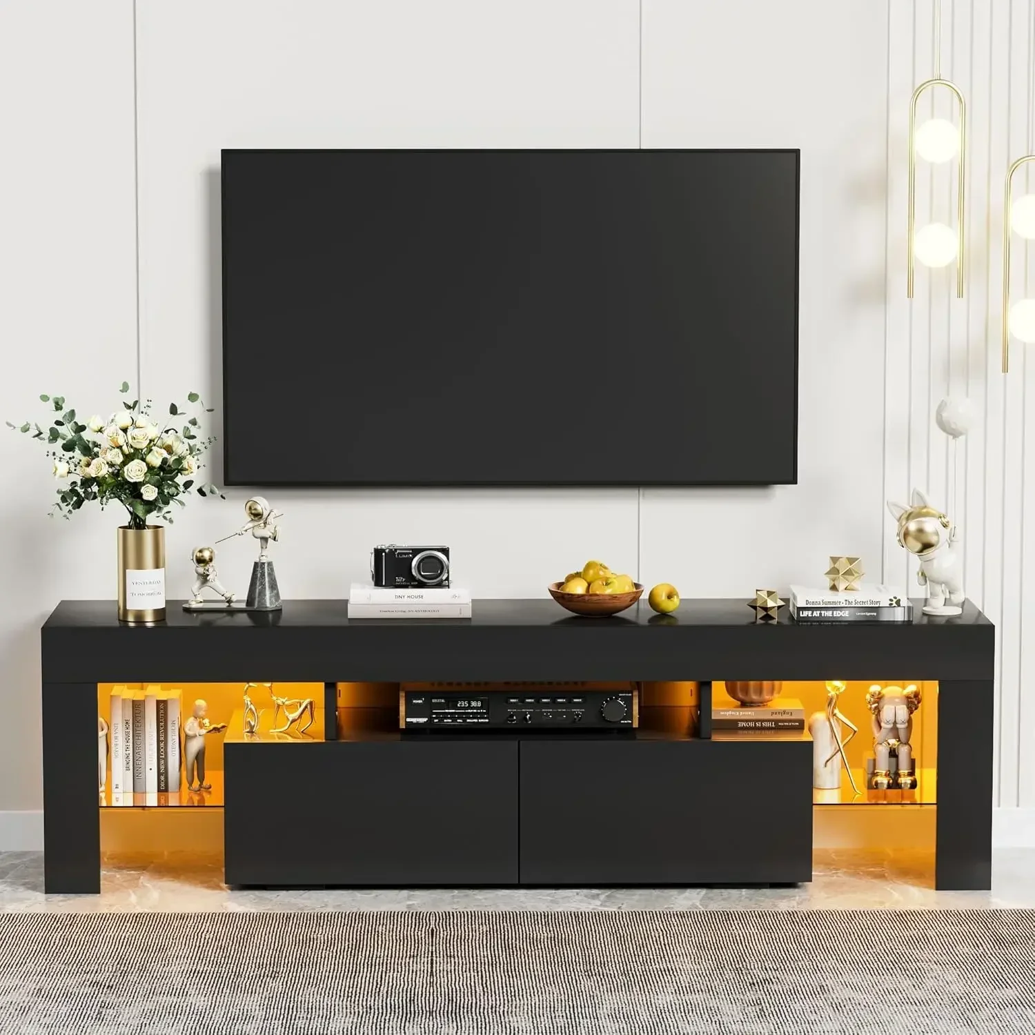Modern Black LED TV Stand for Televisions up to 70 Inch with Glass Shelves and Drawer, Gaming Entertainment Center with Multiple