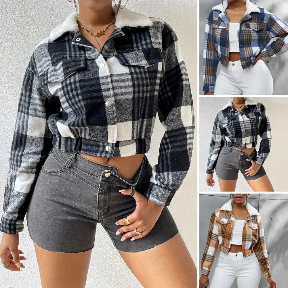 

2024 Women Coat Short Type Plaid Print Turn-down Collar Long Sleeves Stretchy Hem Single-breasted Fall Winter Daily Wear Jacket