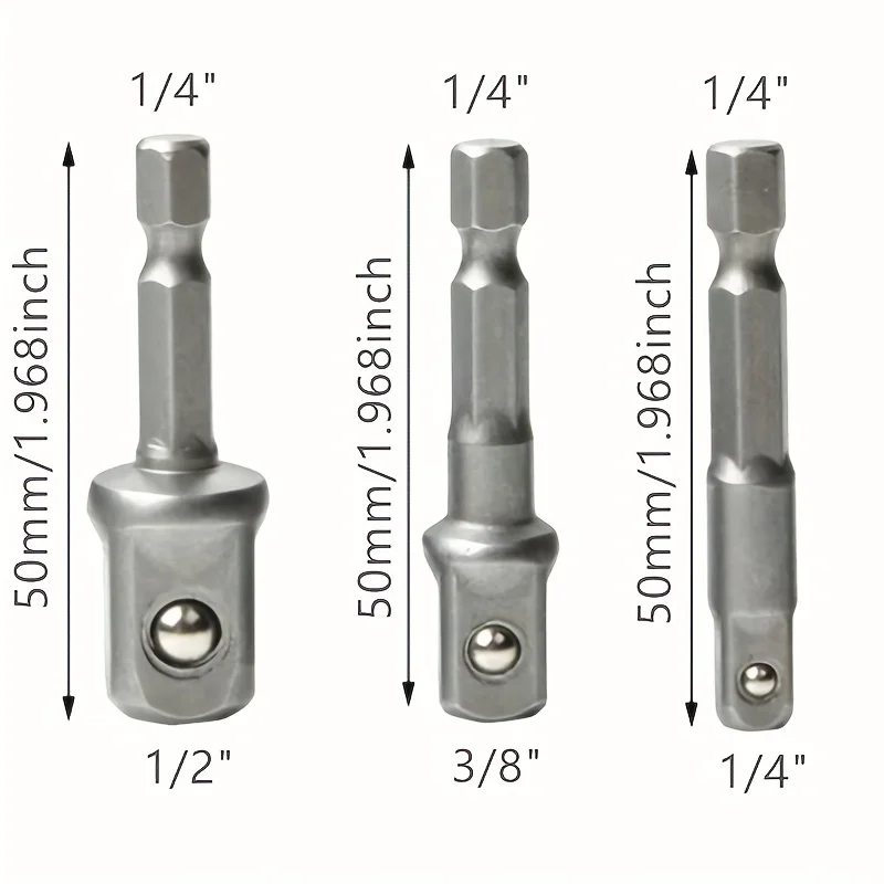 

3pcs 50mm Shock-grade Socket Adapter Sleeve-turns Drill Into High-speed Nut Drive-1/4 Inch, 3/8-inch And 1/2-inch Drives