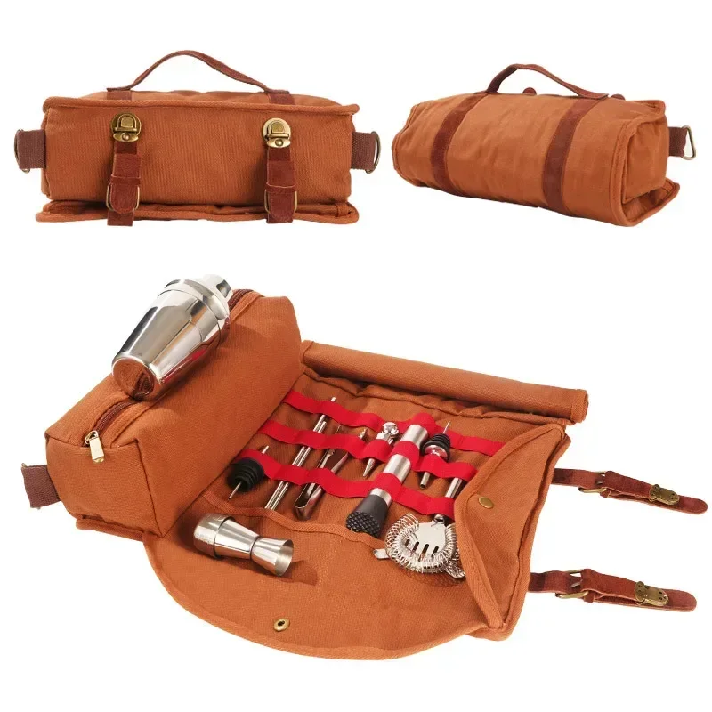 Professional Bartender Travel Bag Portable Bar Tool Bag Canvas Cocktail Shaker Wine Set Storage Bag Large Capacity Without Tools