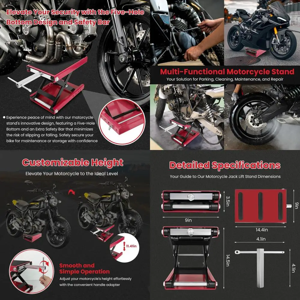 

1100 lbs Capacity Motorcycle Scissor Jack with Anti-Slip Base and Wide Rubber Deck, Suitable for Bikes, ATVs, Cruisers, and Dirt