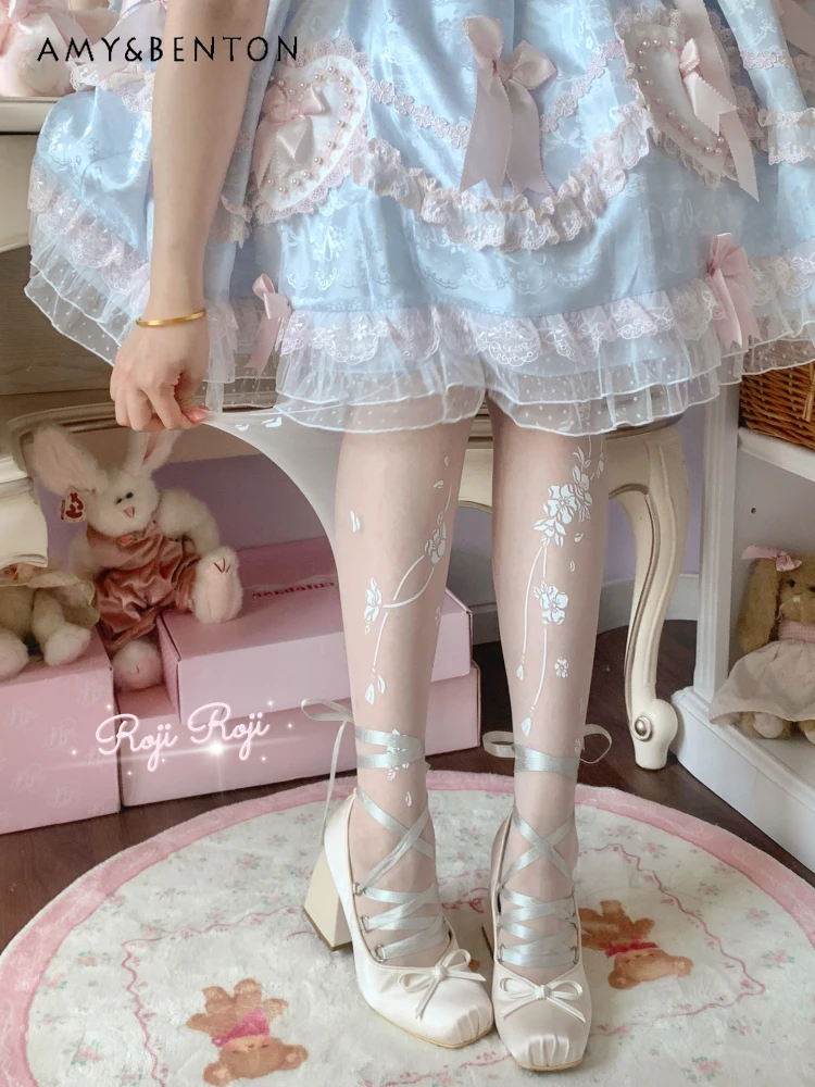 Japanese Sweet Flower Print Lolita Socks Women Japanese Versatile Kawaii White Stockings High Waist Slim Cute Thigh High Socks