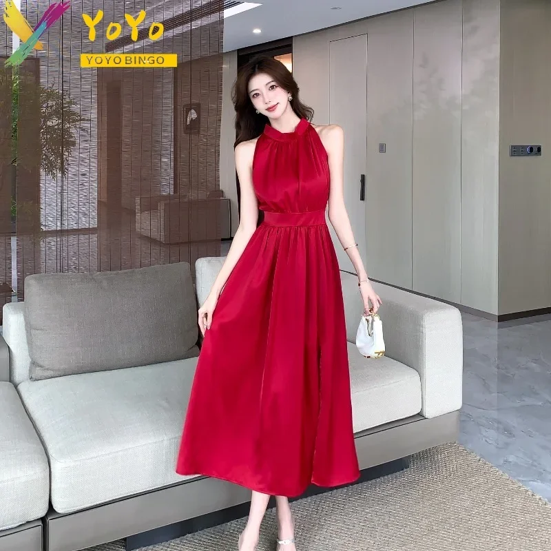 Formal Office O-neck Sleeveless Ankle A-line Lace-up Dress Autumn/Winter 2024 Elegant Temperament Slim Fit Party Luxury Dress