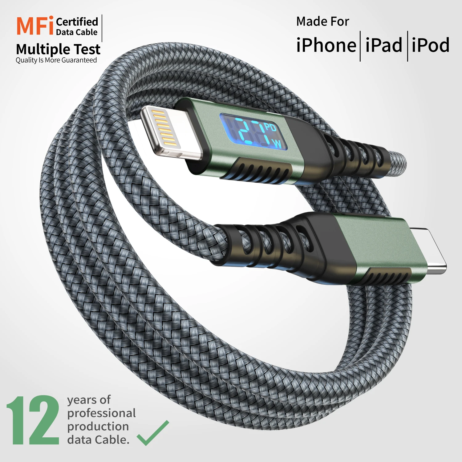 USB-C to Lightning Cable, PD Fast Charging Cable with Smart Display, 27W Charging and 480 Mbps Data Transfer Speed, Nylon Braide