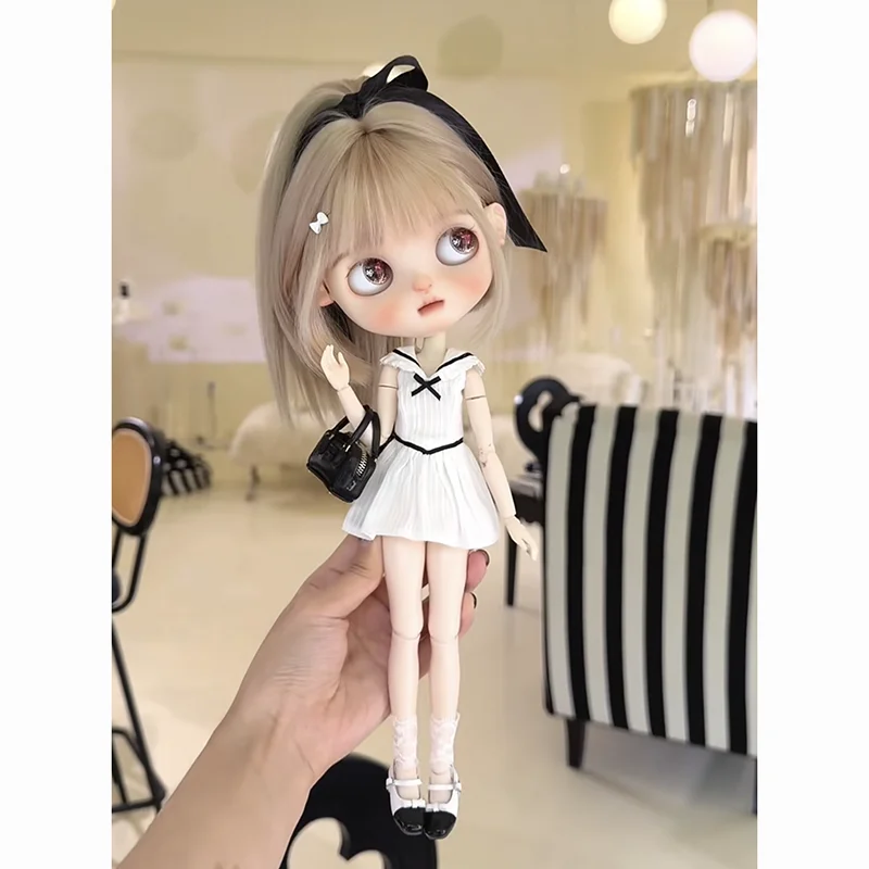 DLBell Mode Blythe Kleding Witte Mouwloze College-stijl Jurk Mini Feestjurken voor Blythe OB24 Pullip 1/6 Poppen Outfit