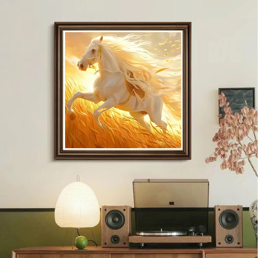 Cross-Stitch Kit for Immediate Success, Handmade DIY Printed Thread Embroidery Material Package, 11Ct 9Ct Golden Wheat Field with Galloping White Horse, Decorative Painting for Living Room and Entrance Hall