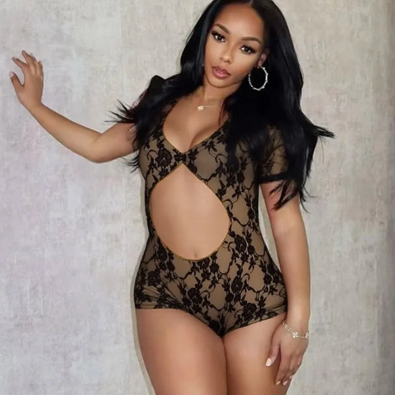 DSMTRC 2025 Backless Short Sleeve Skinny Peach Hip Hottie Wild Style Romper Women Mesh Patchwork V-Neck Sexy Hollow Out Playsuit