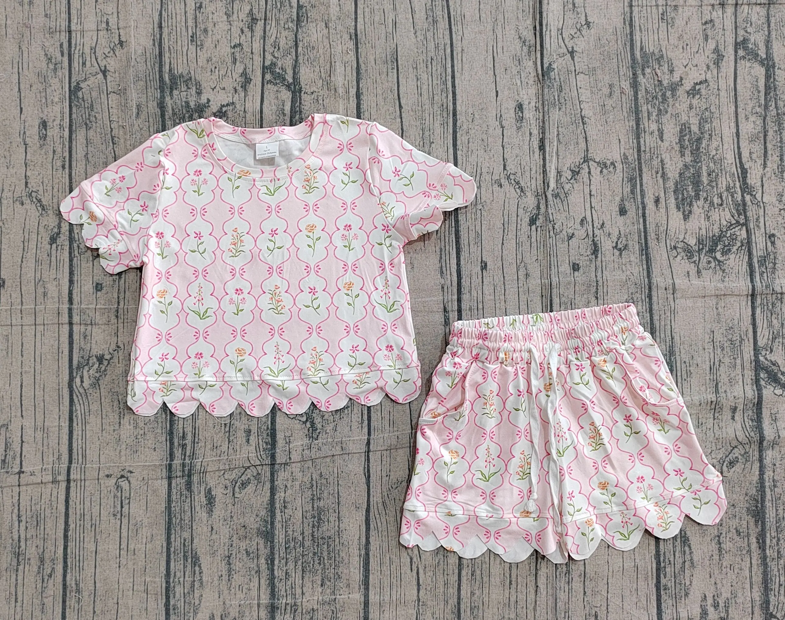Wholesale Baby Girl Short Sleeves Flower Shirts Pockets Shorts Floral Set Kids Girls Clothes Children Toddler Summer Outfit