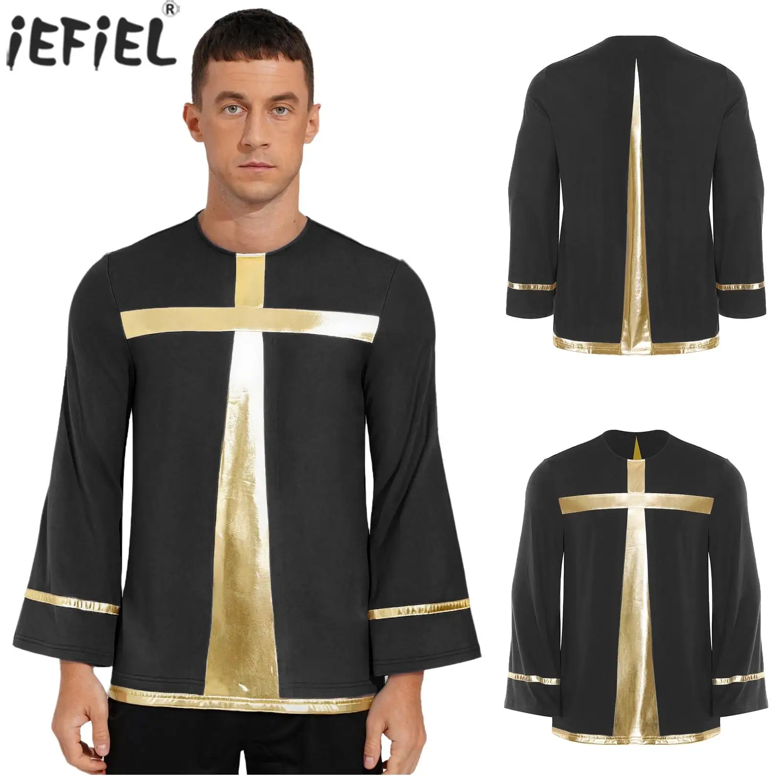 

Men's Liturgical Worship Praise Church Priest Cross Top Shirts Metallic Shiny Long Sleeve Tunic Shirt for Church Christianity