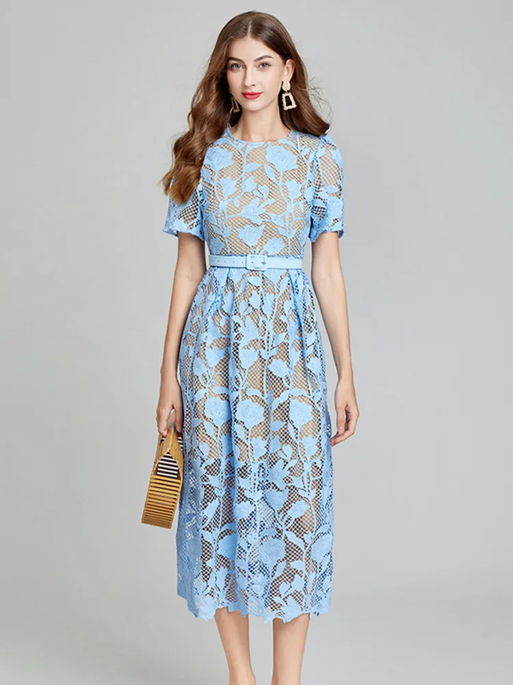 2024 Summer New Arrive Blue Color Women Floral Lace Midi Elegant Dress for Women Short Sleeve Hollow Out Party Dress With Belt