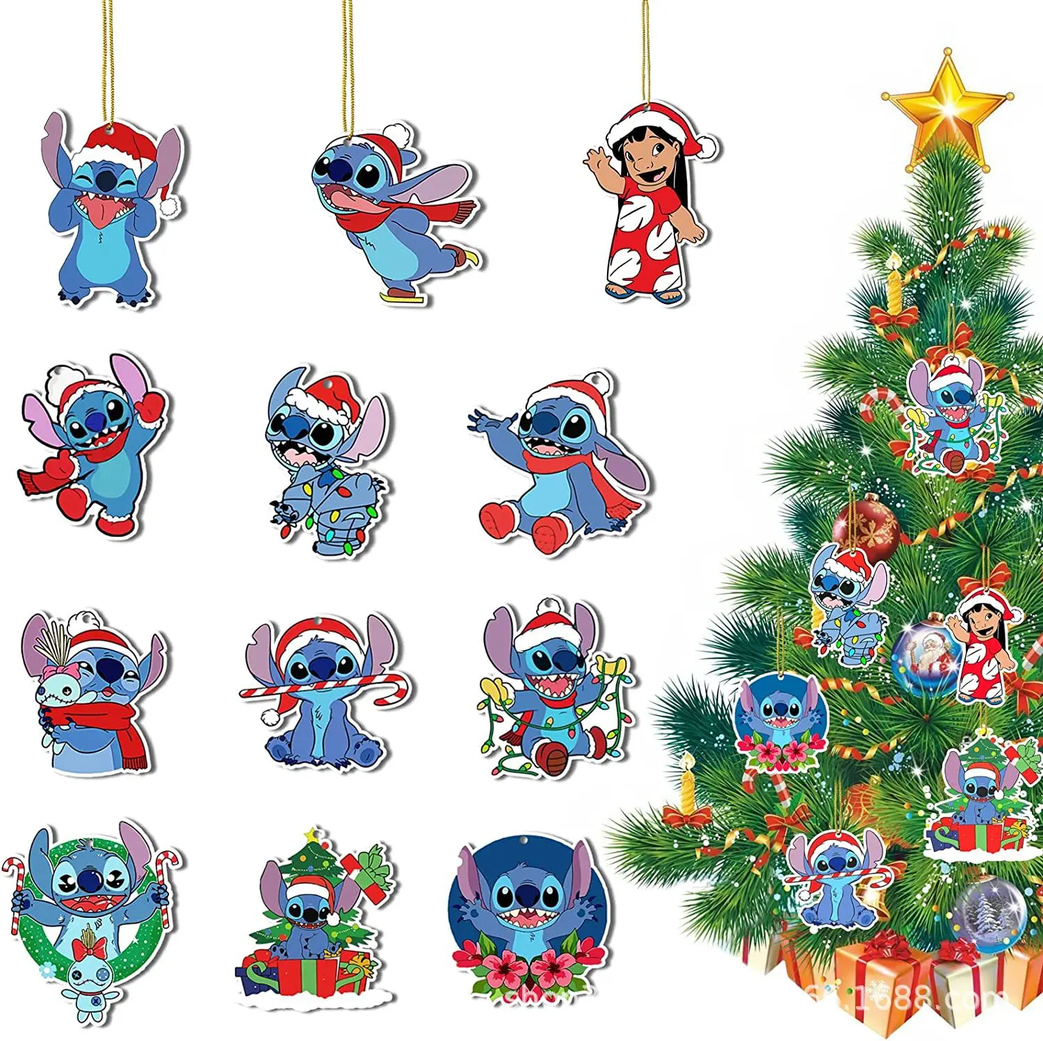 12pcs/set Disney Stitch Anime Figure Christmas Tree Ornaments Pendant Doll Hanging Decor Christmas Home Party Supplies kids Gift