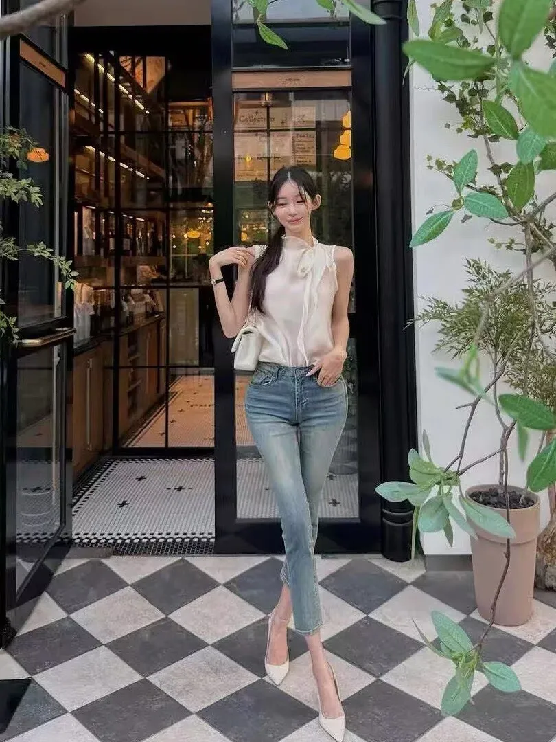 

Женские джинсы с высокой талией, облегающие, винтажные, расклешенные, из хлопка с эластаном, с эффектом потертости, модные брюки