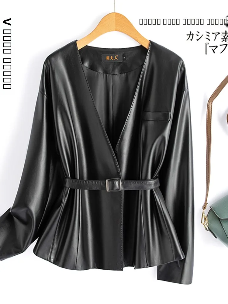 ファッショナブルなオートバイジャケット女性のレザーコートシープスキンバイカーアウターウェアスリムフィット春秋冬新作Sle