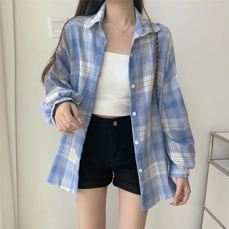 Rimcoy Vintage Plaid Shirt Women Korean Streetwear All Match Single Breasted Blouse Woman Preppy Style Loose Check Shirts Female