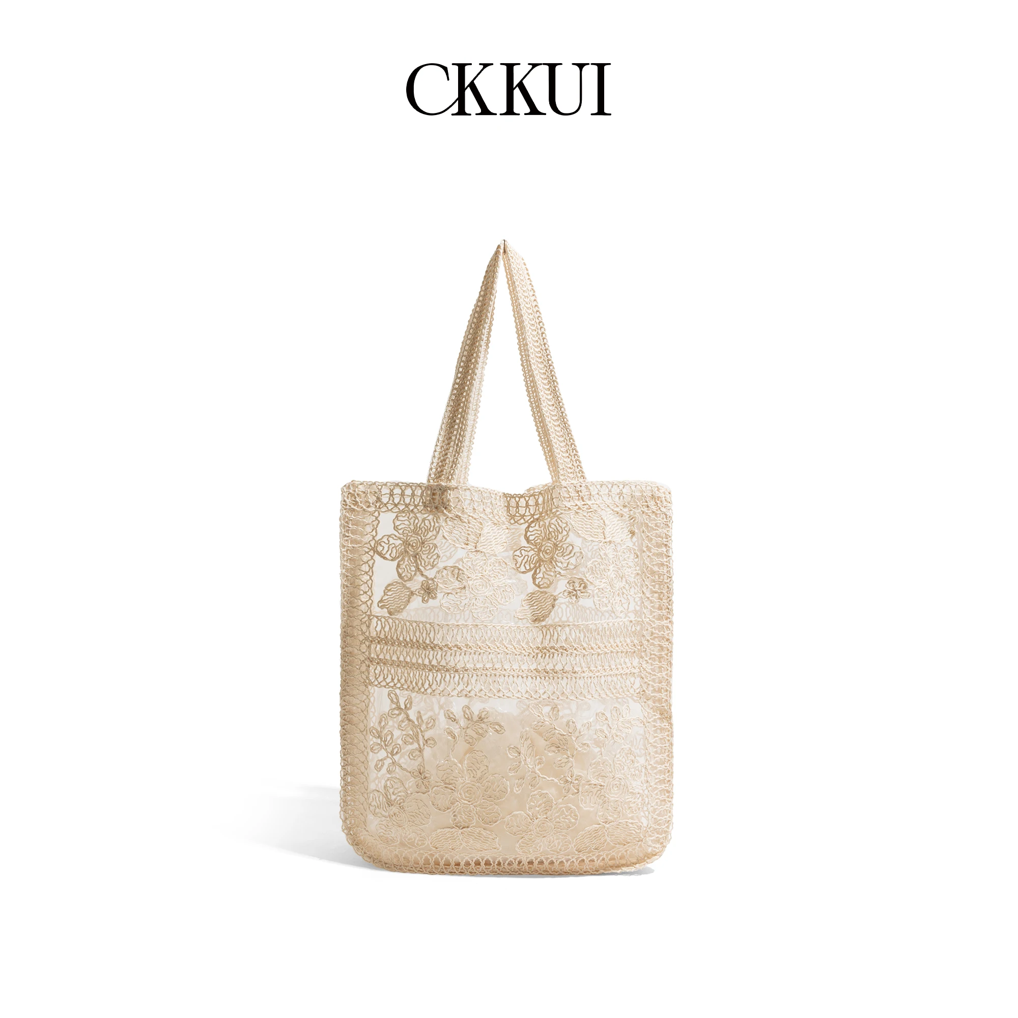 CKKUI Vintage Lace Tote Bag for Women, Floral Embroidered Mesh Shoulder Bag, Romantic Beige Handbag for Beach, Shopping, Daily