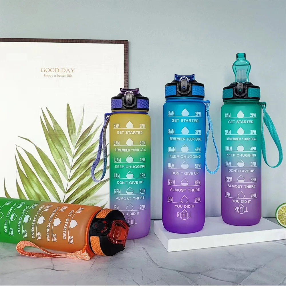 1L Gradient Color Motivational Sports Water Bottle with Time Marker Water Bottle with Straw for Office Exercise Gym Outdoor