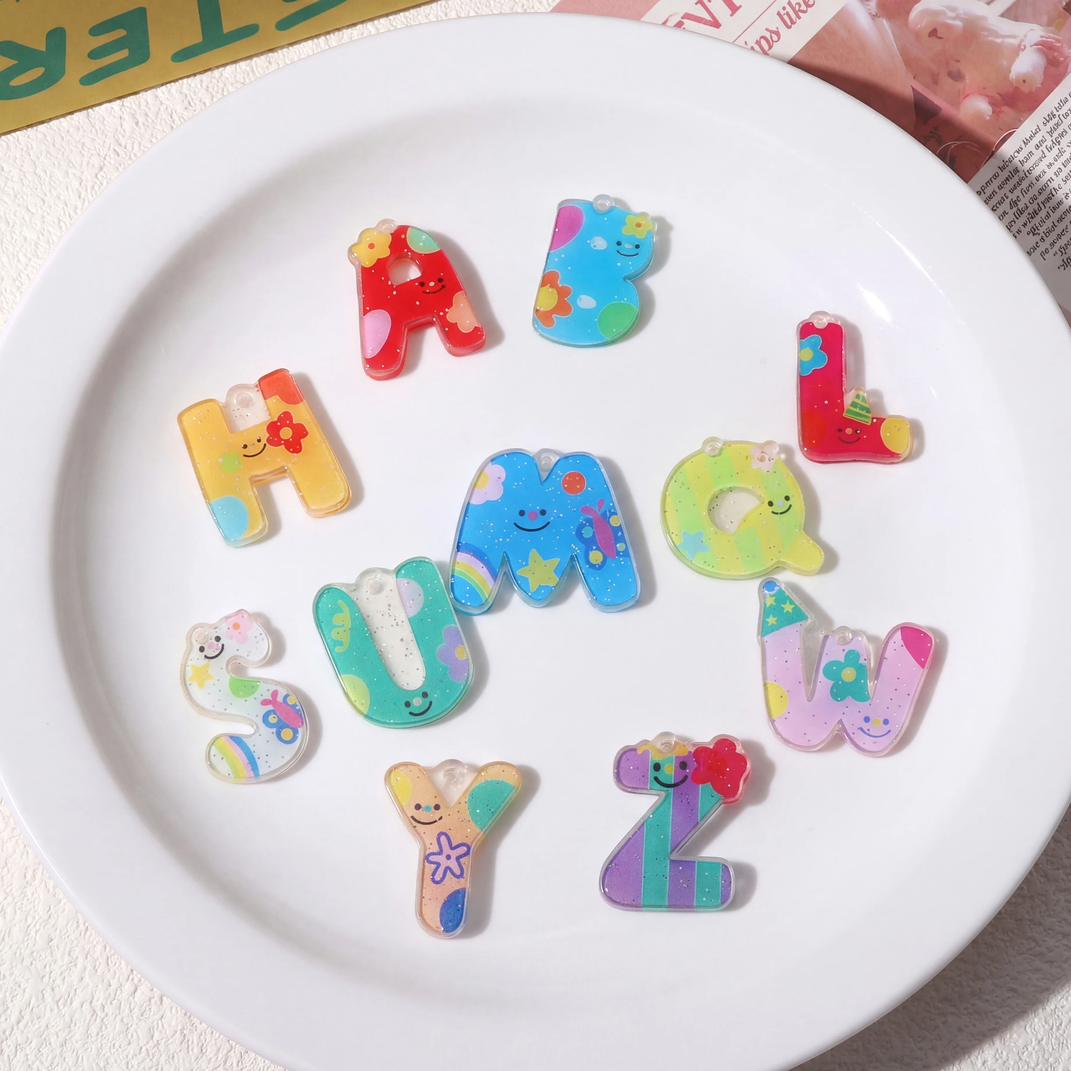 5-26pcs 25mm Acrylic Colorful Patterned Letter Pendants DIY Craft Charms Bracelets Necklaces Bags Phone Lanyards Making Supplies