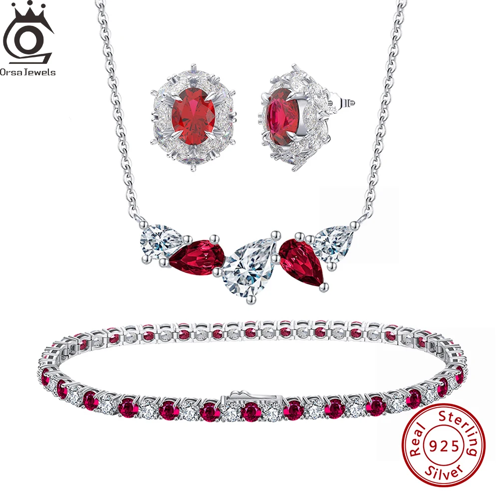 

ORSA JEWELS Red Ruby White Zirconia 925 Sterling Silver Jewelry Sets Women Gemstone Stud Earrings Pendant Necklace Bracelet Gift